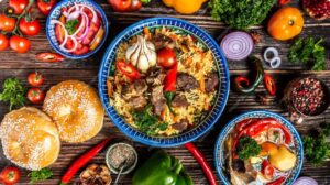 display of various central asian foods